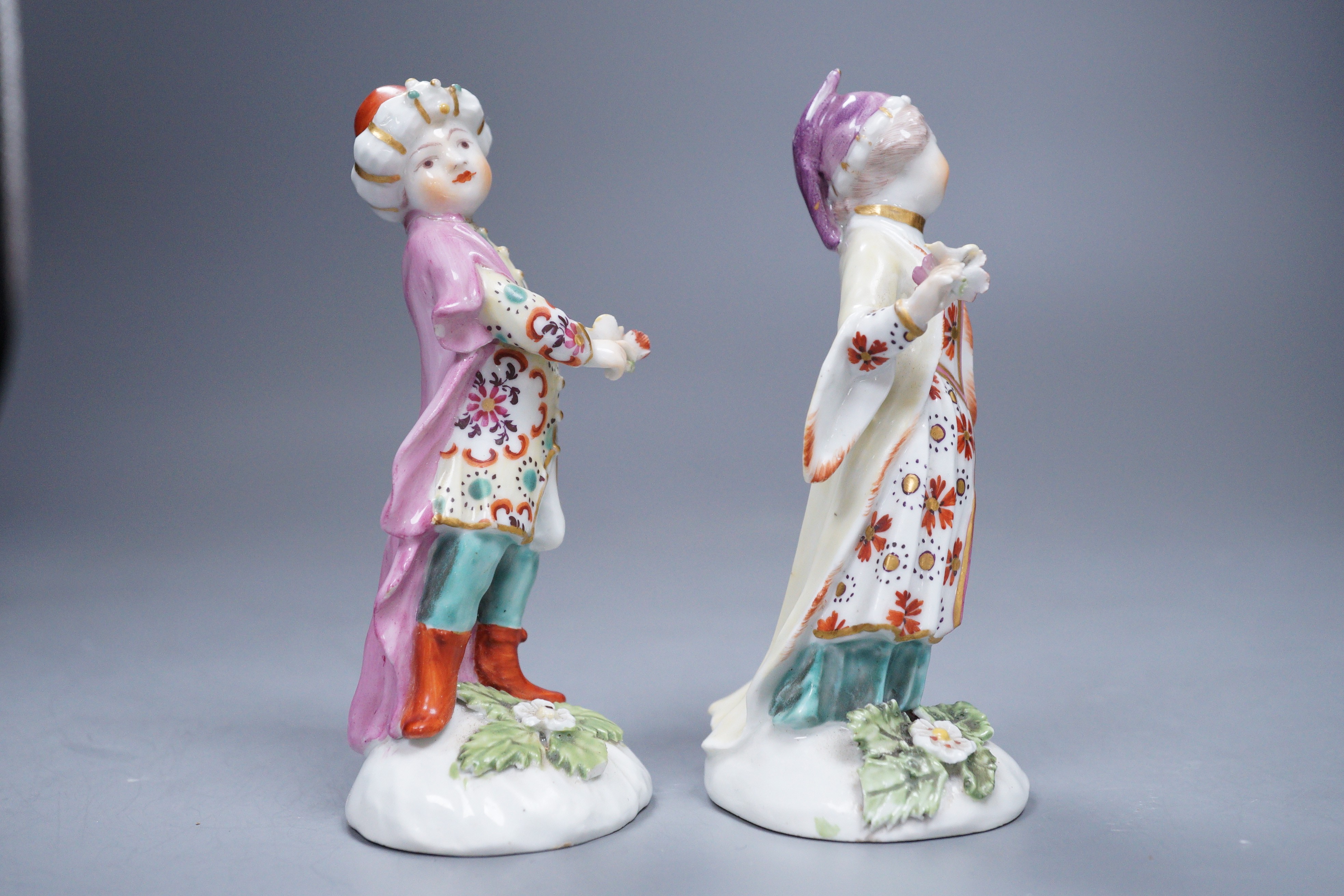 A good pair of Derby figures of a Turk and Companion, c.1765-70, 11.5cm